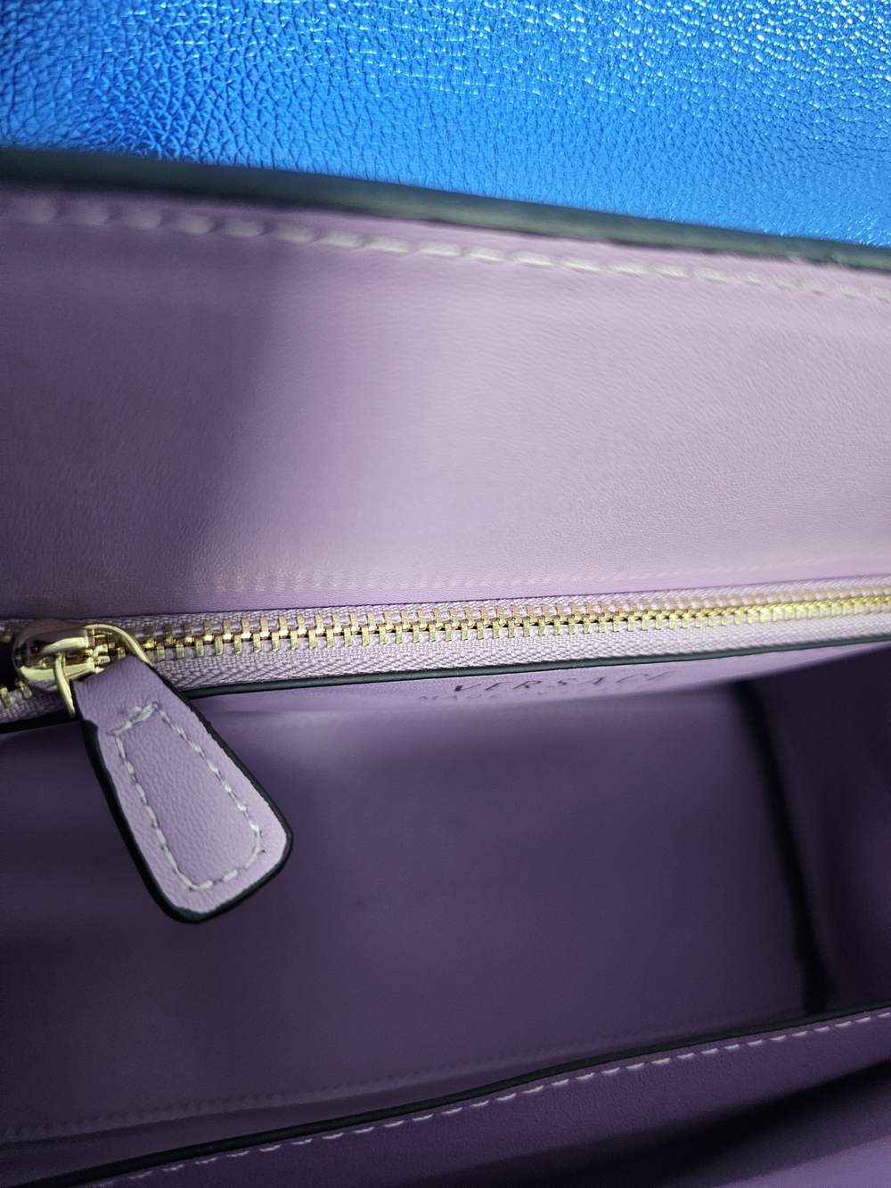 Metallic Blue Top-Handle Satchel with Gold Chain Accent - Picture 9 of 13